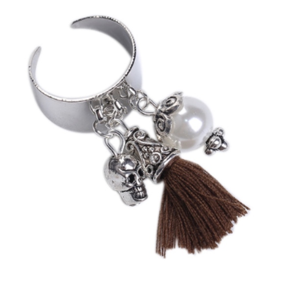 Skull Pearl Tassel Charm Silver Open Band Ring - Picture 2 of 4